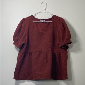 Piper & Scoot-Polagram Quilt Textured Rust Color Babydoll Top w/ Puff Sleeves 3X